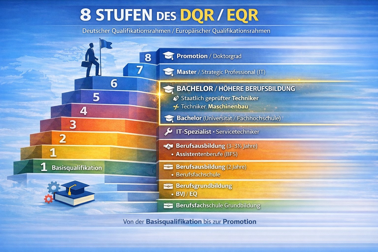 8 Stufen des DQR / EQR – Niveau 6 entspricht dem Bachelor und dem Staatlich geprüften Techniker